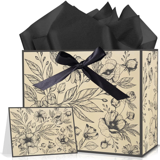 Yoirrat Vintage Floral Gift Bag Christmas Paper Bag Black Flowers Wrapping Bag with Paper Card Vintage Wildflower Gift Wrap Bag for Women Wedding Bridal Christmas Anniversary Birthday Party Supplies