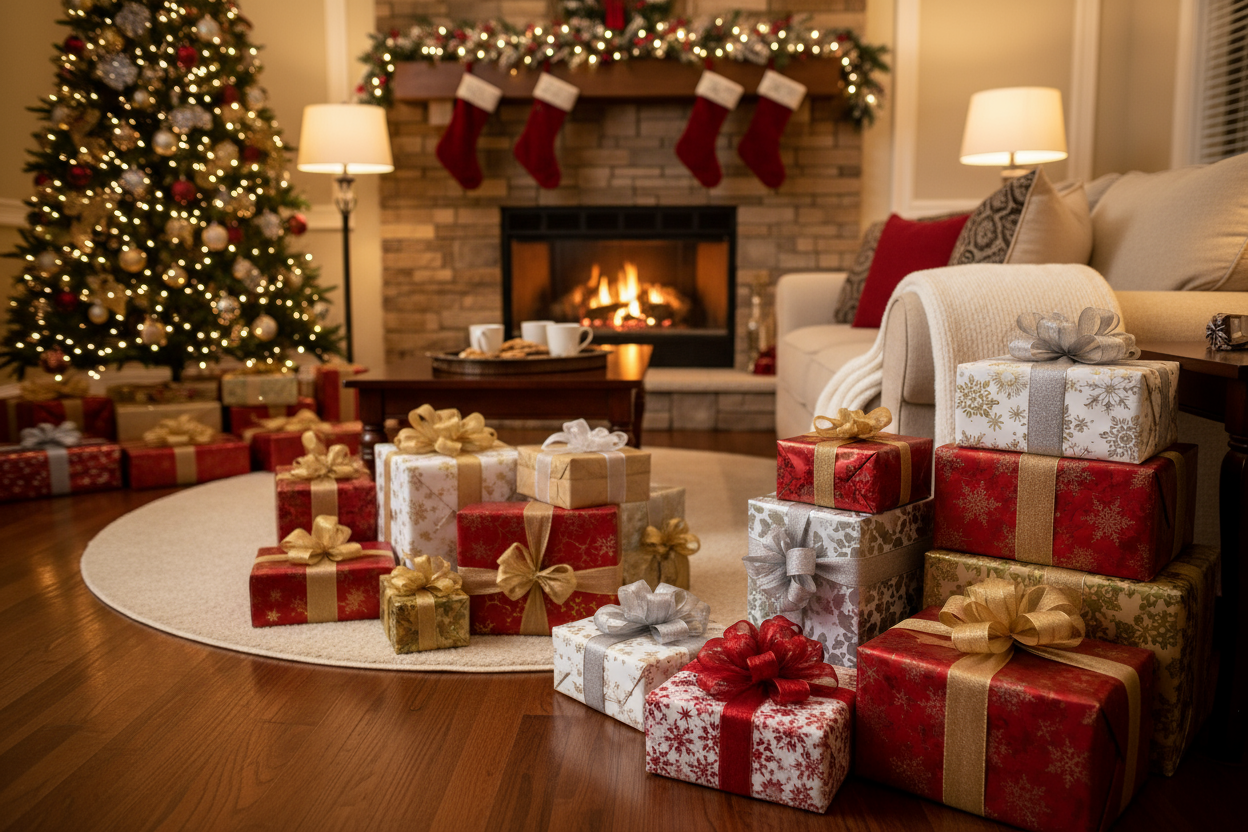 can you make all my products wrapped in gifts with a beautiful background in a living room