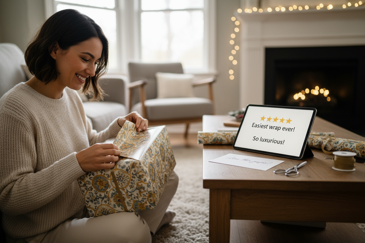 can you put a customer using one of our wrapping paper and leave a good review about it 